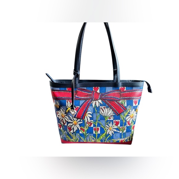 BRIGHTON BEE HAPPY LEATHER TOTE HANDBAG PURSE NAVY BLUE RED BOW HEARTS - Picture 5 of 16